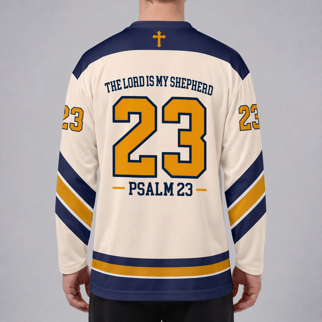 Christianartworkshop Psalm 23 Shepherd Verse Navy Gold Hockey Jersey - image 6