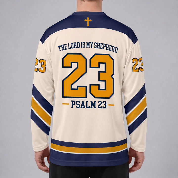 Christianartworkshop Psalm 23 Shepherd Verse Navy Gold Hockey Jersey - image 6