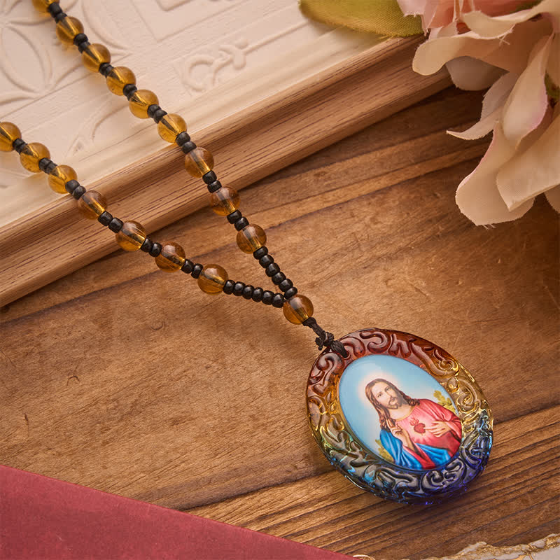 Christianartworkshop Holy Figure Collection Glass Beaded Necklace: Token of Sweet Divine Remembrance - Jesus & Sacred Heart C - image 13