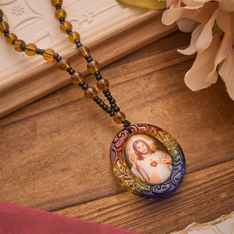 Christianartworkshop Holy Figure Collection Glass Beaded Necklace: Token of Sweet Divine Remembrance - Jesus & Sacred Heart A - image 11