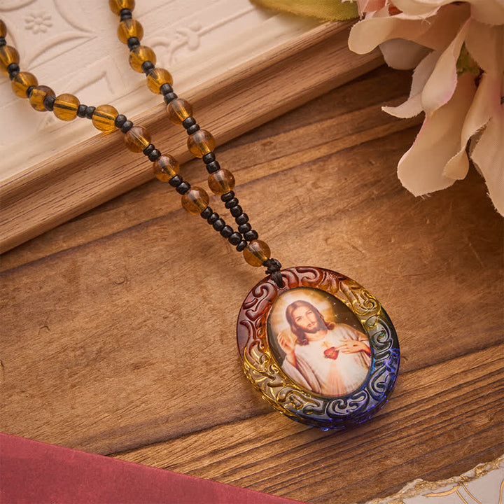 Christianartworkshop Holy Figure Collection Glass Beaded Necklace: Token of Sweet Divine Remembrance - Jesus & Sacred Heart A - image 11