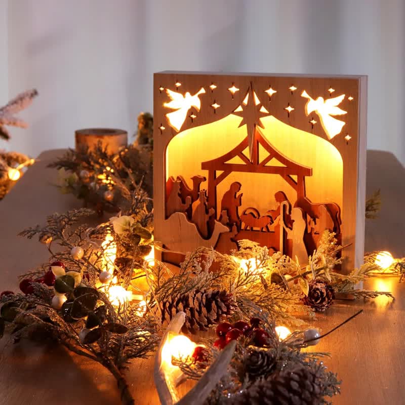 Christianartworkshop Freestanding Wood Nativity Shadow Box Light: Emblem of Quiet Divine Warmth - image 1