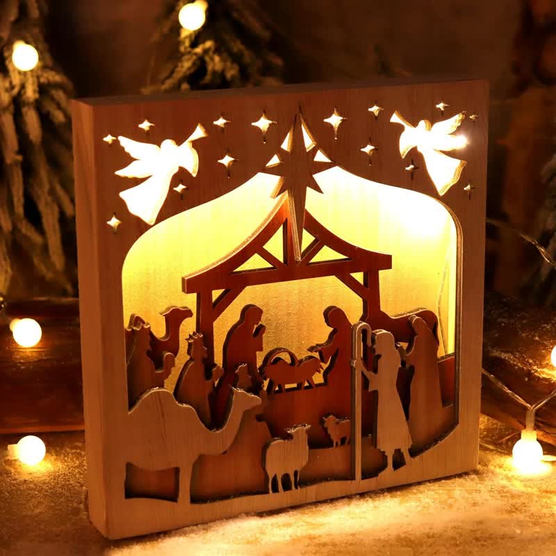 Christianartworkshop Freestanding Wood Nativity Shadow Box Light: Emblem of Quiet Divine Warmth - Nativity - image 0