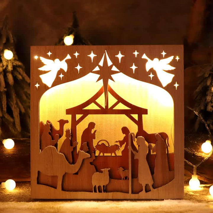 Christianartworkshop Freestanding Wood Nativity Shadow Box Light: Emblem of Quiet Divine Warmth - image 2