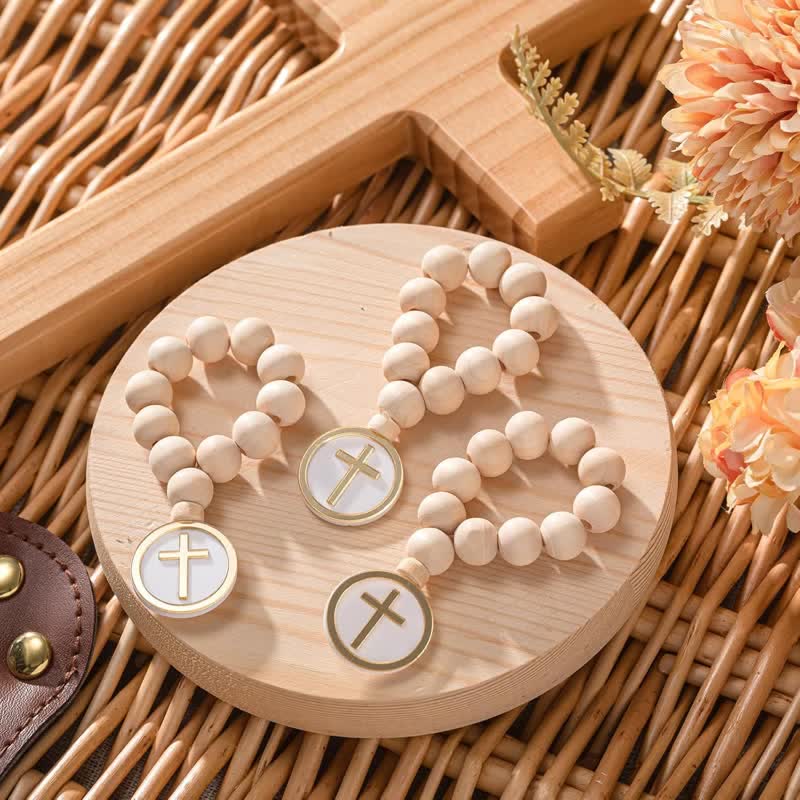 Christianartworkshop Natural Wood Rosary With Round Cross Charm: Sign of Unfailing Heavenly Blessing - Set of 3 with Organza Bag - image 0
