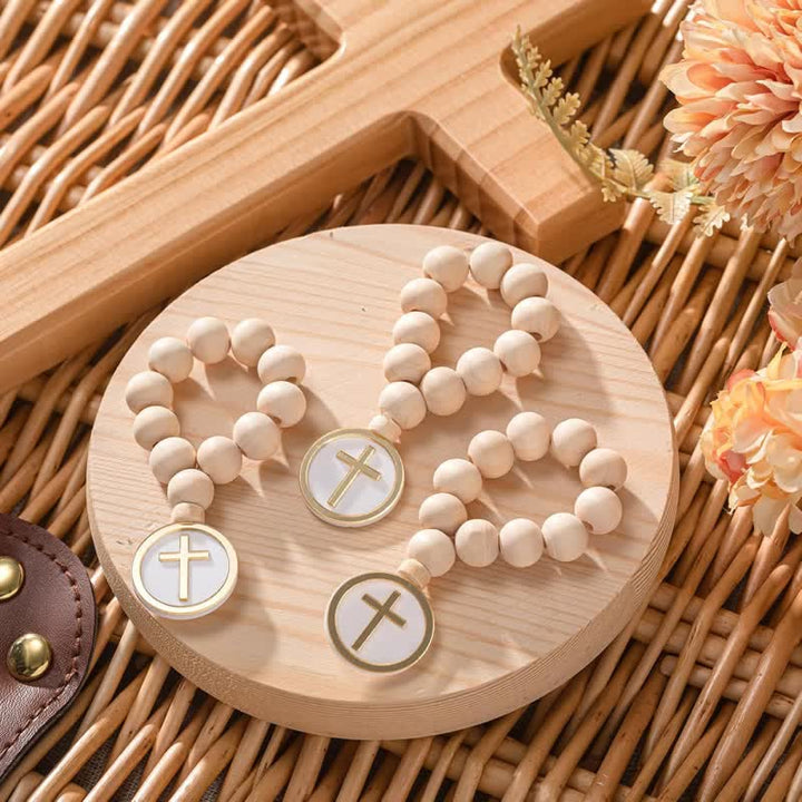 Christianartworkshop Natural Wood Rosary With Round Cross Charm: Sign of Unfailing Heavenly Blessing - Set of 3 with Organza Bag - image 0