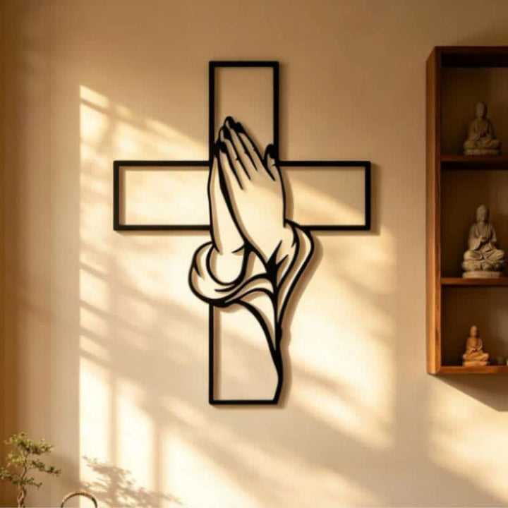 Christianartworkshop Hollow Metal Praying Hands Cross Wall Art: Token of Abiding Divine Peace - image 0