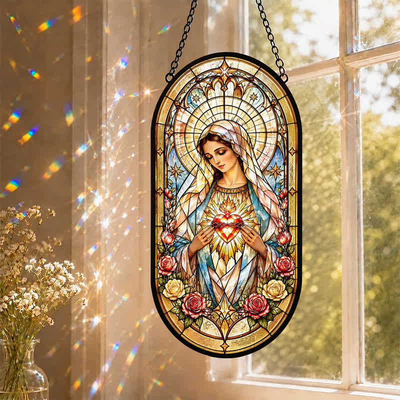 Christianartworkshop Floral Framed Our Lady Window Glass Suncatcher: Beacon of Timeless Heavenly Grace - image 0