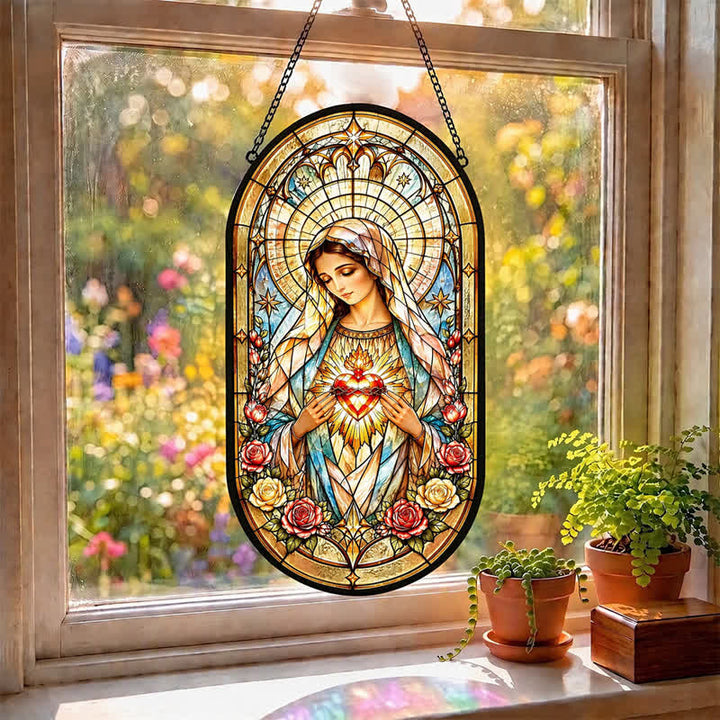 Christianartworkshop Floral Framed Our Lady Window Glass Suncatcher: Beacon of Timeless Heavenly Grace - image 2