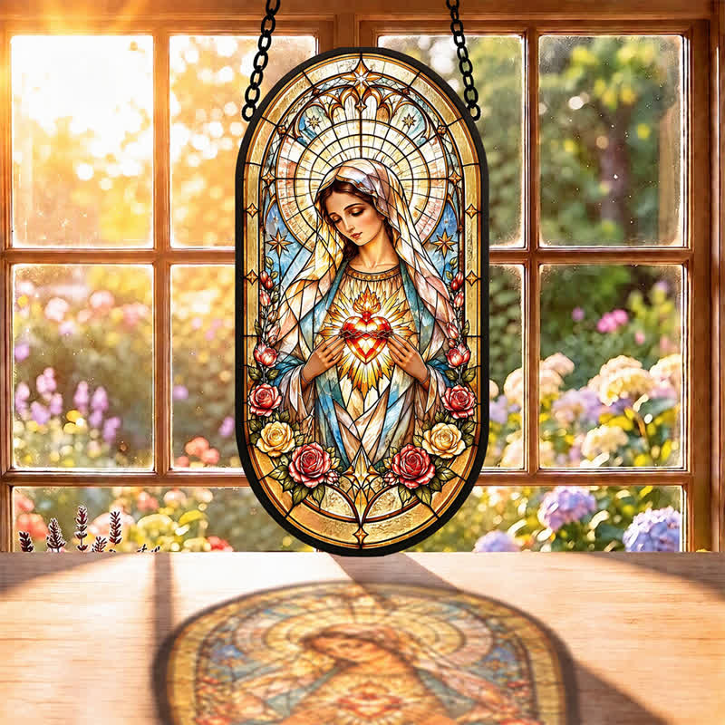 Christianartworkshop Floral Framed Our Lady Window Glass Suncatcher: Beacon of Timeless Heavenly Grace - image 1