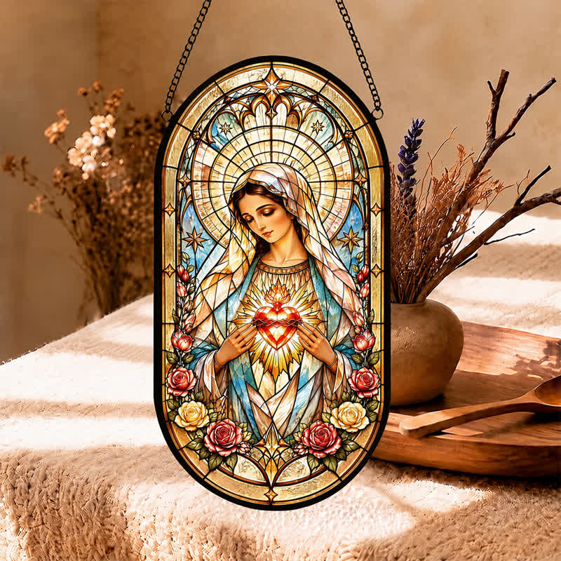 Christianartworkshop Floral Framed Our Lady Window Glass Suncatcher: Beacon of Timeless Heavenly Grace - image 5