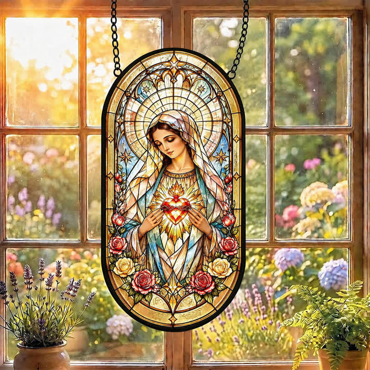 Christianartworkshop Floral Framed Our Lady Window Glass Suncatcher: Beacon of Timeless Heavenly Grace - image 4