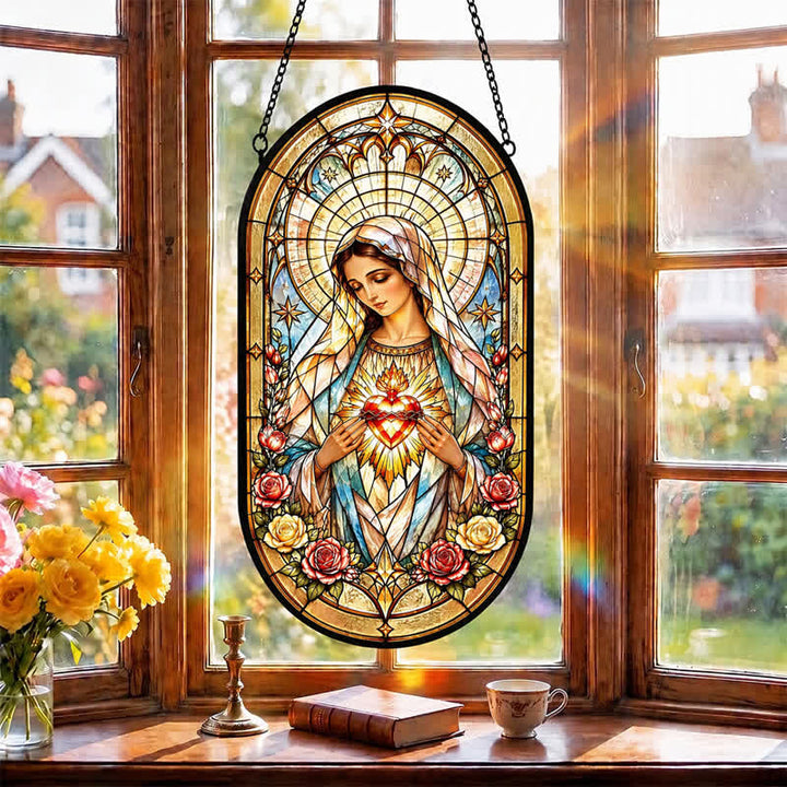 Christianartworkshop Floral Framed Our Lady Window Glass Suncatcher: Beacon of Timeless Heavenly Grace - image 3