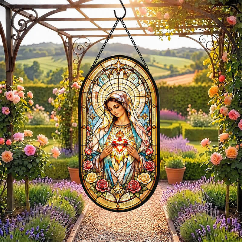 Christianartworkshop Floral Framed Our Lady Window Glass Suncatcher: Beacon of Timeless Heavenly Grace - image 6