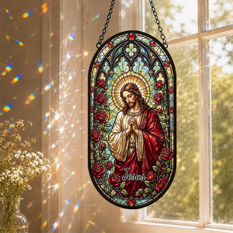 Christianartworkshop Floral Wreath Jesus Glass Suncatcher: Token of Gentle Divine Peace - image 0
