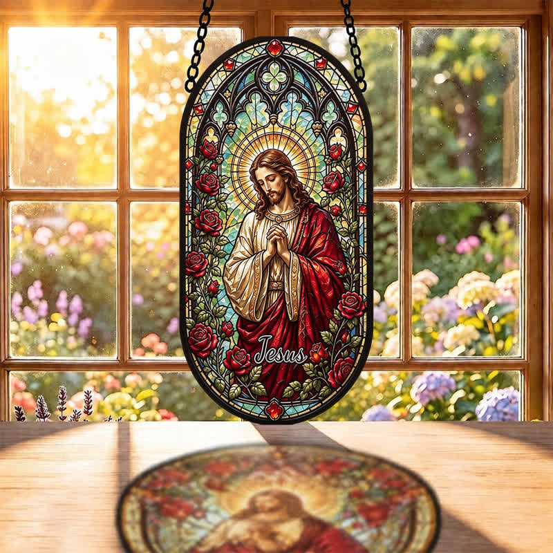 Christianartworkshop Floral Wreath Jesus Glass Suncatcher: Token of Gentle Divine Peace - image 1