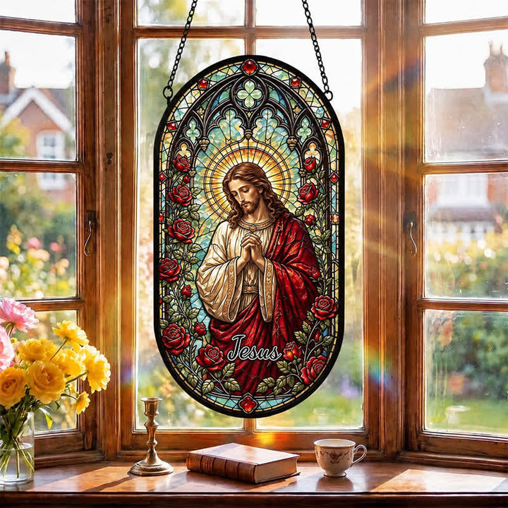 Christianartworkshop Floral Wreath Jesus Glass Suncatcher: Token of Gentle Divine Peace - image 2