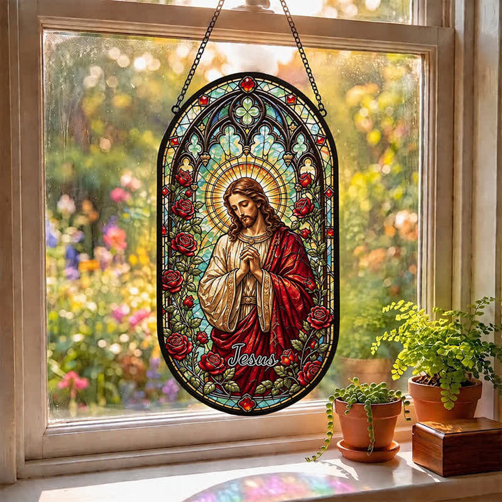 Christianartworkshop Floral Wreath Jesus Glass Suncatcher: Token of Gentle Divine Peace - image 3