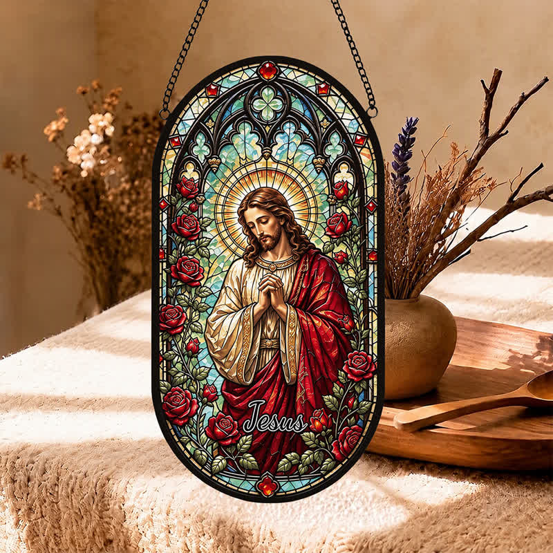 Christianartworkshop Floral Wreath Jesus Glass Suncatcher: Token of Gentle Divine Peace - image 4