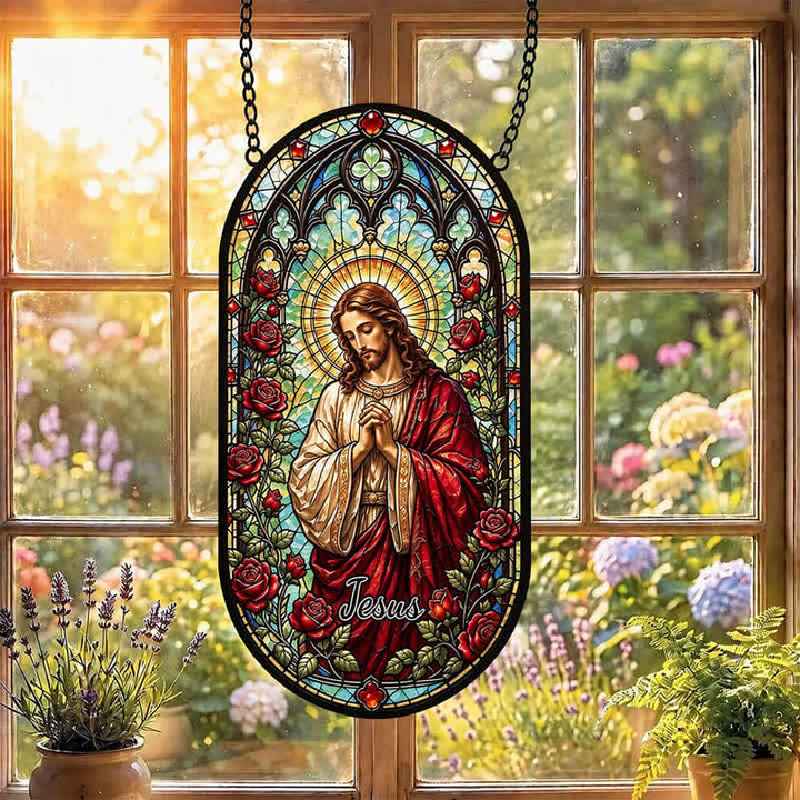 Christianartworkshop Floral Wreath Jesus Glass Suncatcher: Token of Gentle Divine Peace - image 5