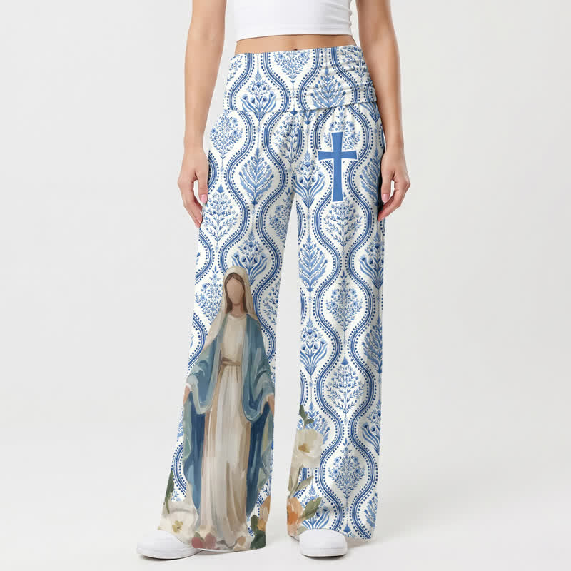 Christianartworkshop Blue White Madonna Cross Palazzo Women's Wide Leg Pants - image 1