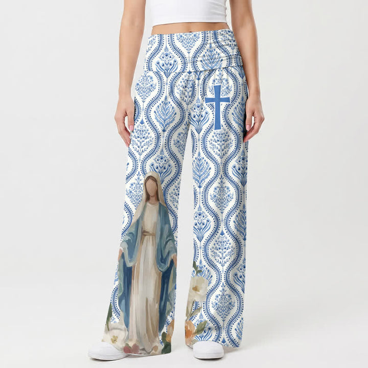 Christianartworkshop Blue White Madonna Cross Palazzo Women's Wide Leg Pants - image 1