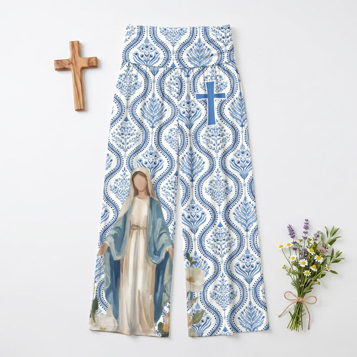 Christianartworkshop Blue White Madonna Cross Palazzo Women's Wide Leg Pants - US22,UK/AU26,EU54 - image 0