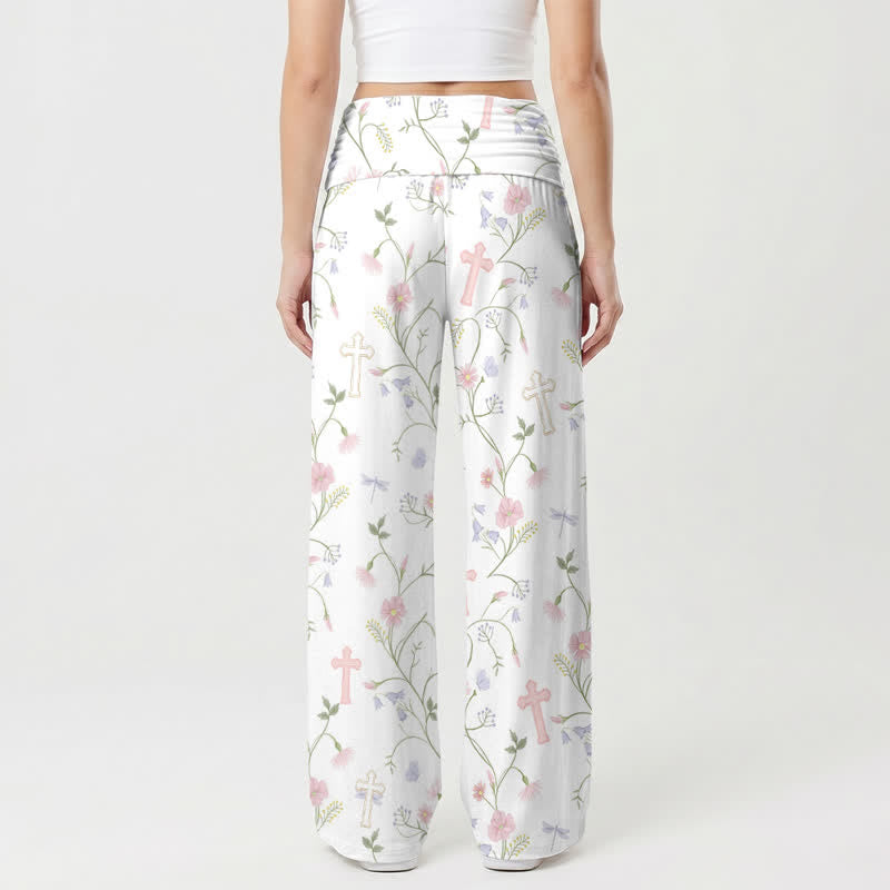 Christianartworkshop Pastel Floral Cross Print High Waist Women's Wide Leg Pants - image 2