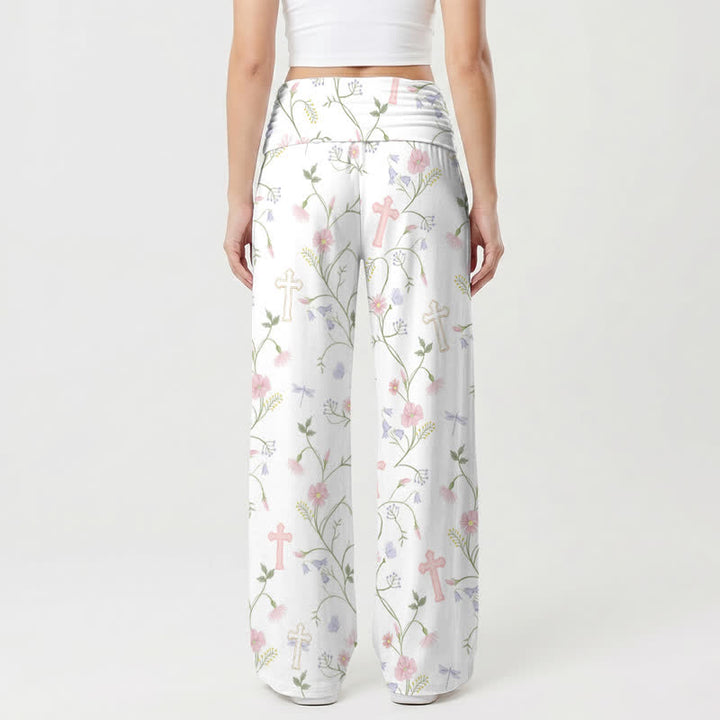 Christianartworkshop Pastel Floral Cross Print High Waist Women's Wide Leg Pants - image 2