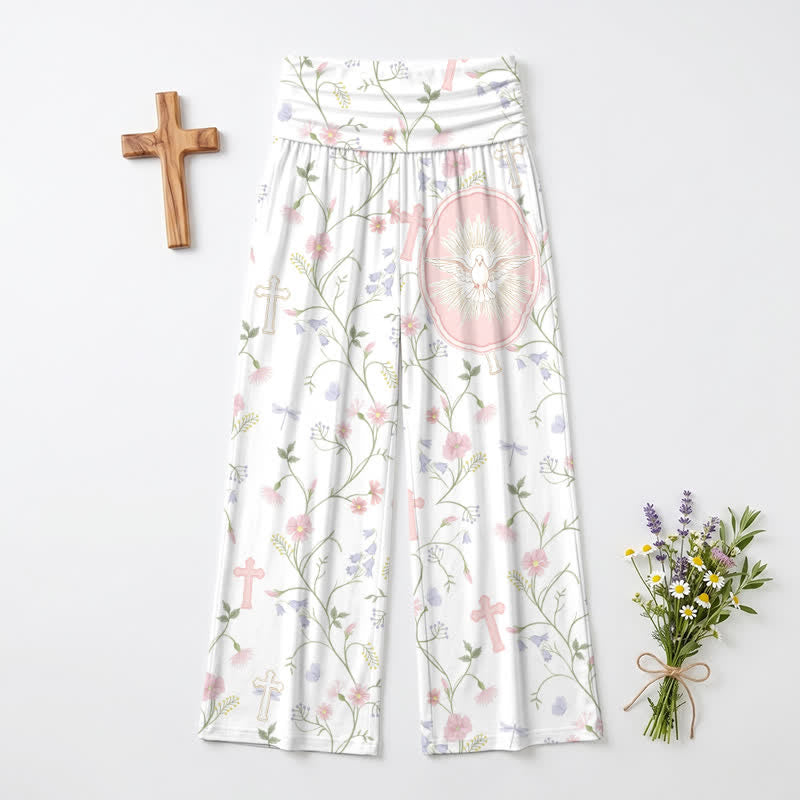 Christianartworkshop Pastel Floral Cross Print High Waist Women's Wide Leg Pants - US22,UK/AU26,EU54 - image 0