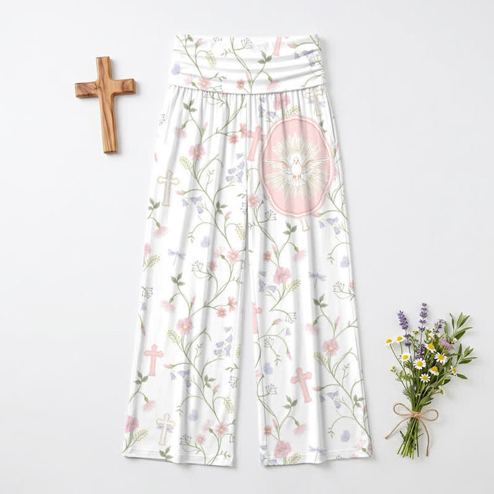 Christianartworkshop Pastel Floral Cross Print High Waist Women's Wide Leg Pants - US22,UK/AU26,EU54 - image 0