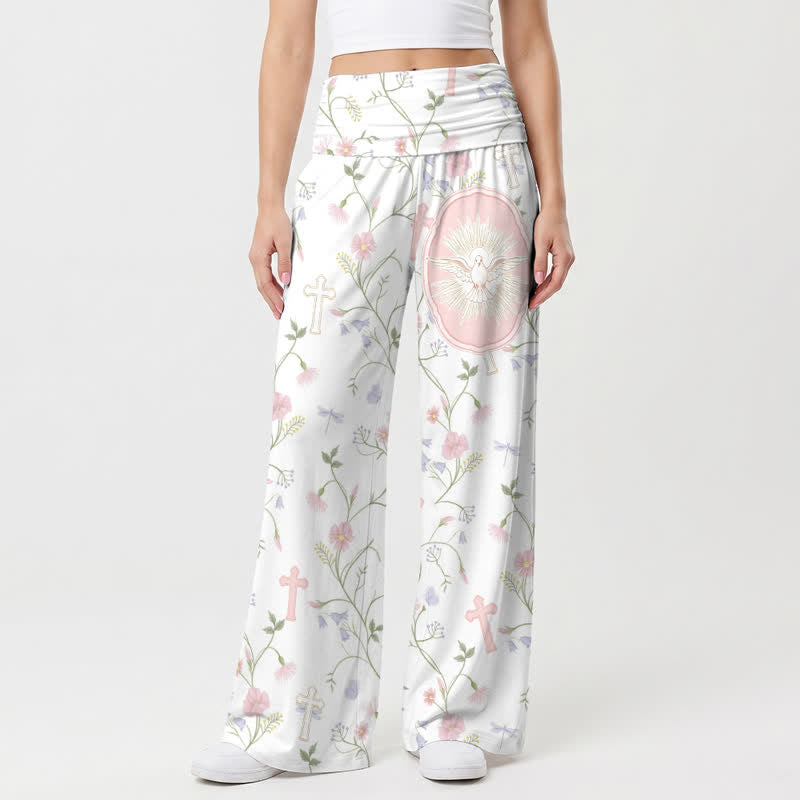 Christianartworkshop Pastel Floral Cross Print High Waist Women's Wide Leg Pants - image 1