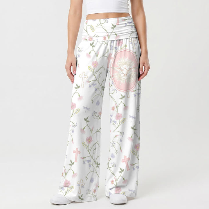 Christianartworkshop Pastel Floral Cross Print High Waist Women's Wide Leg Pants - image 1