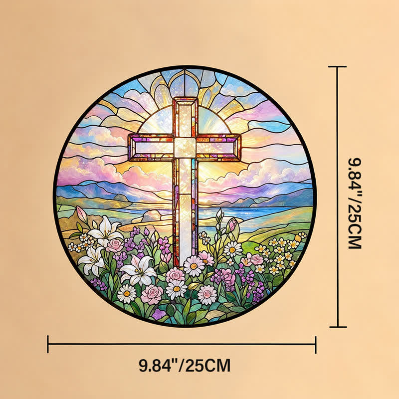 Christianartworkshop Round Scenic Cross Glass Suncatcher: Sign of Timeless Sacred Grace - 9.84''*9.84''*0.14''/25*25*0.35cm - image 9