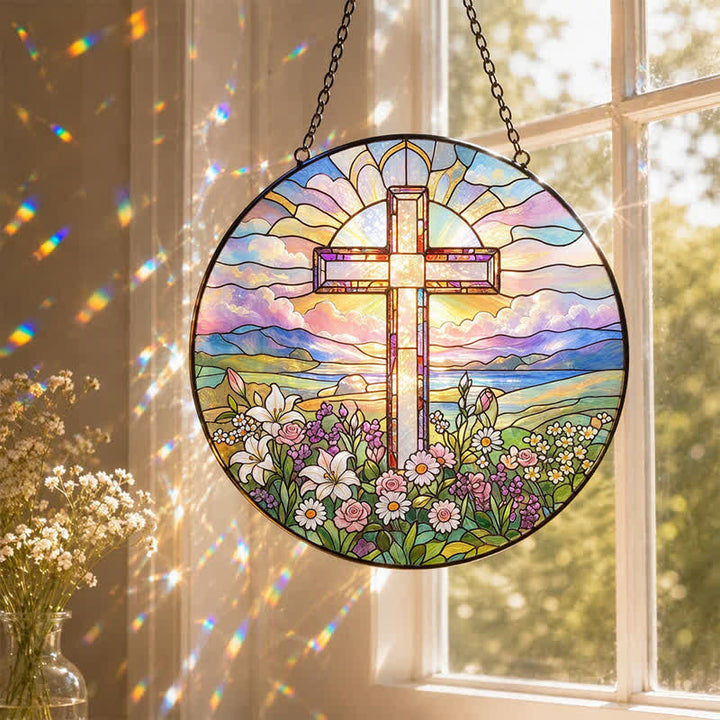 Christianartworkshop Round Scenic Cross Glass Suncatcher: Sign of Timeless Sacred Grace - image 0