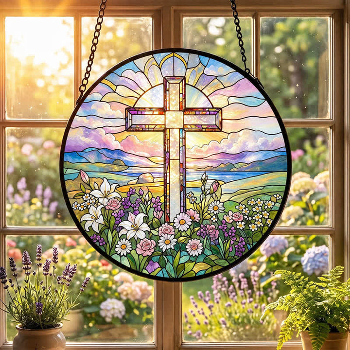 Christianartworkshop Round Scenic Cross Glass Suncatcher: Sign of Timeless Sacred Grace - image 5