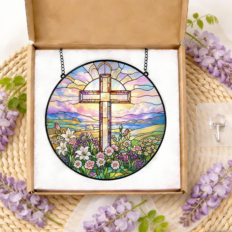 Christianartworkshop Round Scenic Cross Glass Suncatcher: Sign of Timeless Sacred Grace - image 11