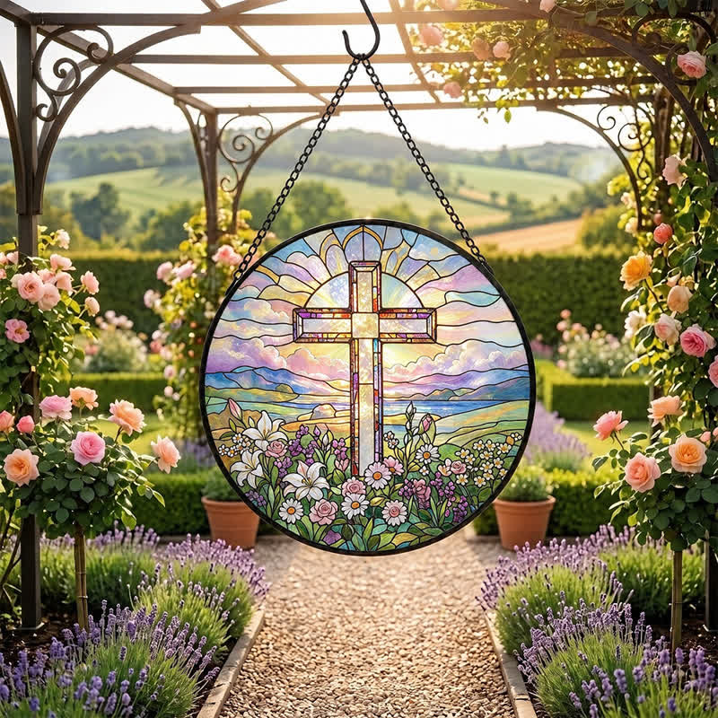 Christianartworkshop Round Scenic Cross Glass Suncatcher: Sign of Timeless Sacred Grace - image 6