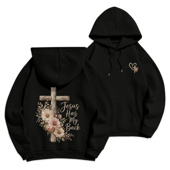 Christianartworkshop Jesus Has My Back Floral Cross White Pullover Hoodie - Black - 2XL - image 3
