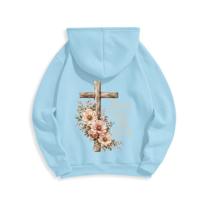 Christianartworkshop Jesus Has My Back Floral Cross White Pullover Hoodie - image 19