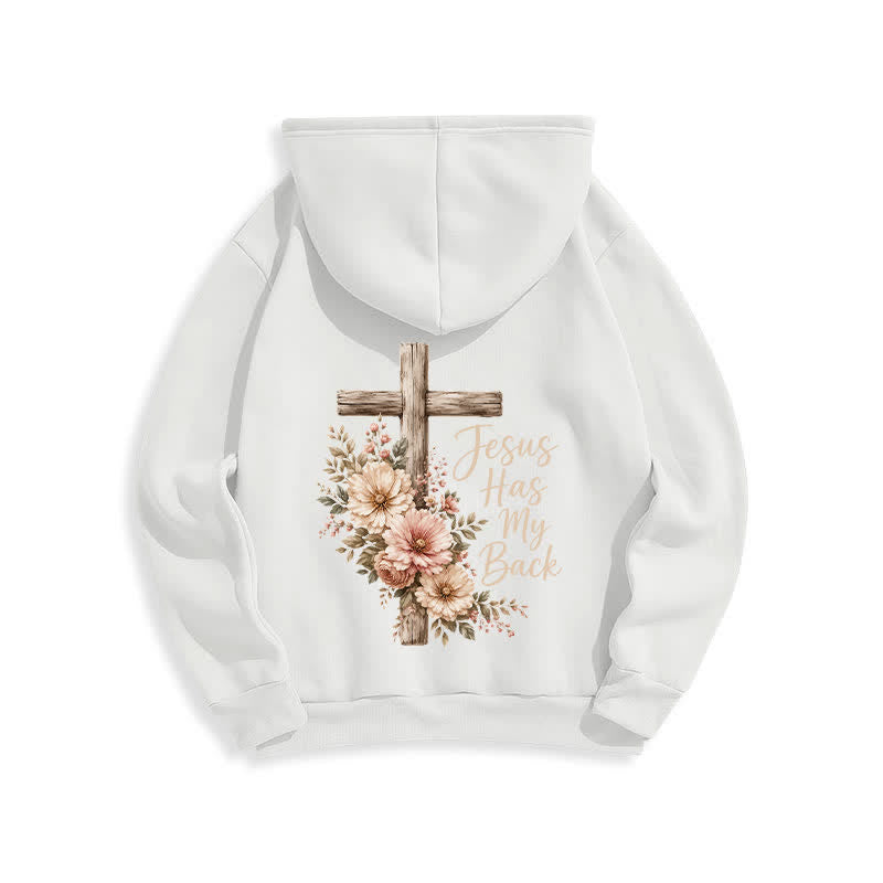 Christianartworkshop Jesus Has My Back Floral Cross White Pullover Hoodie - image 1