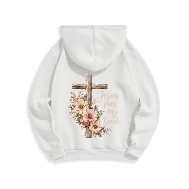 Christianartworkshop Jesus Has My Back Floral Cross White Pullover Hoodie - image 1