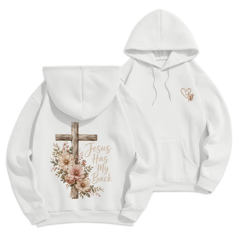 Christianartworkshop Jesus Has My Back Floral Cross White Pullover Hoodie - White - 2XL - image 0