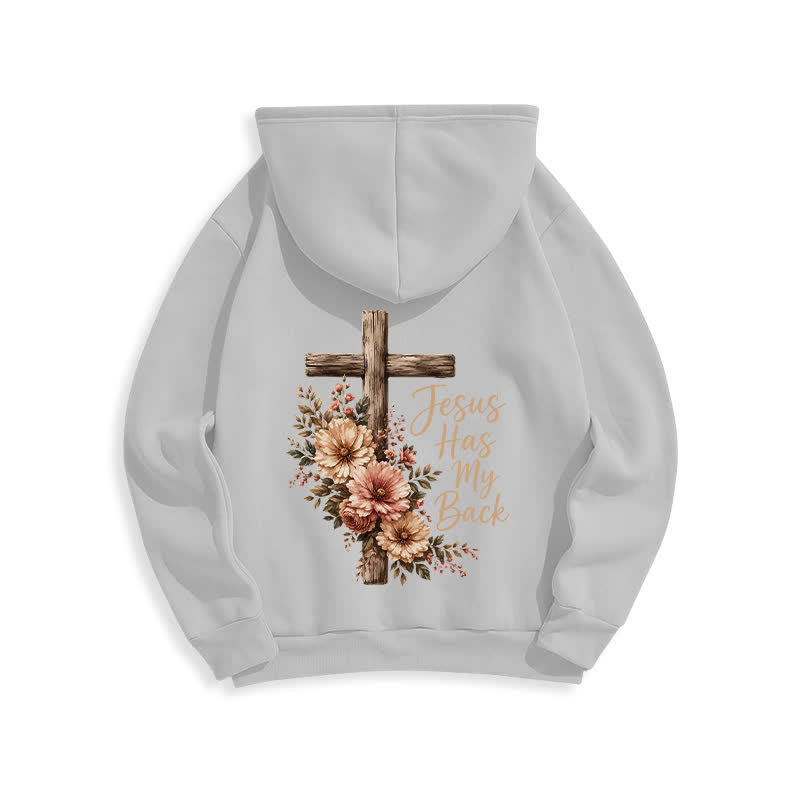 Christianartworkshop Jesus Has My Back Floral Cross White Pullover Hoodie - image 7