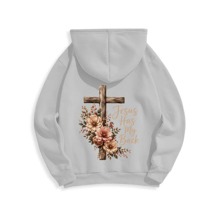 Christianartworkshop Jesus Has My Back Floral Cross White Pullover Hoodie - image 7