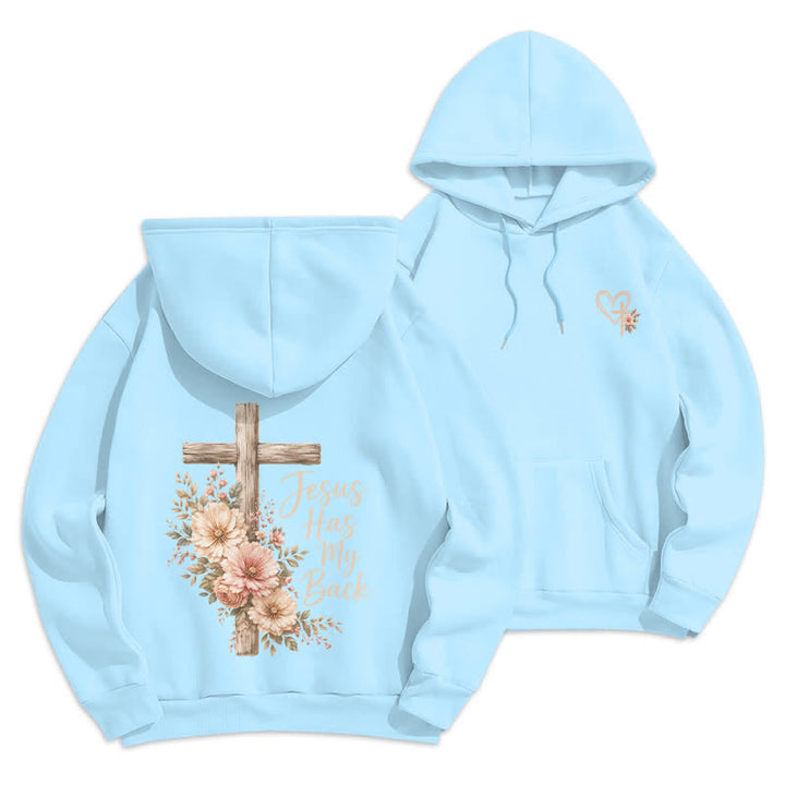 Christianartworkshop Jesus Has My Back Floral Cross White Pullover Hoodie - Blue - 2XL - image 18