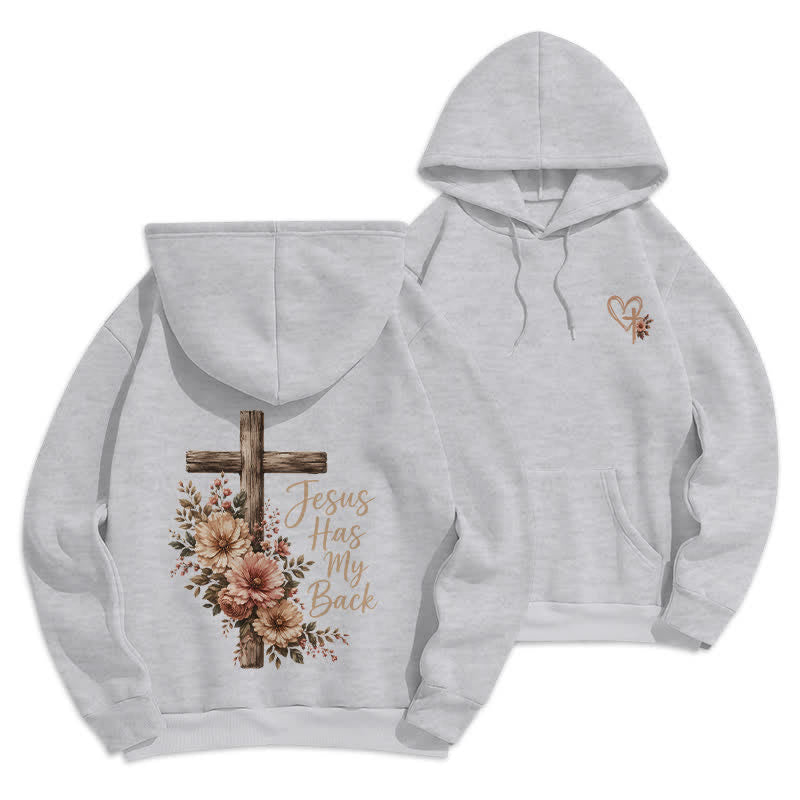 Christianartworkshop Jesus Has My Back Floral Cross White Pullover Hoodie - Grey - 2XL - image 6
