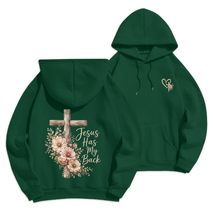 Christianartworkshop Jesus Has My Back Floral Cross White Pullover Hoodie - Green - 2XL - image 12
