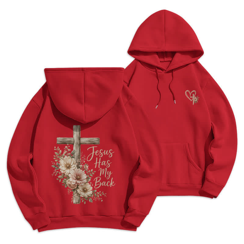 Christianartworkshop Jesus Has My Back Floral Cross White Pullover Hoodie - Red - 2XL - image 15