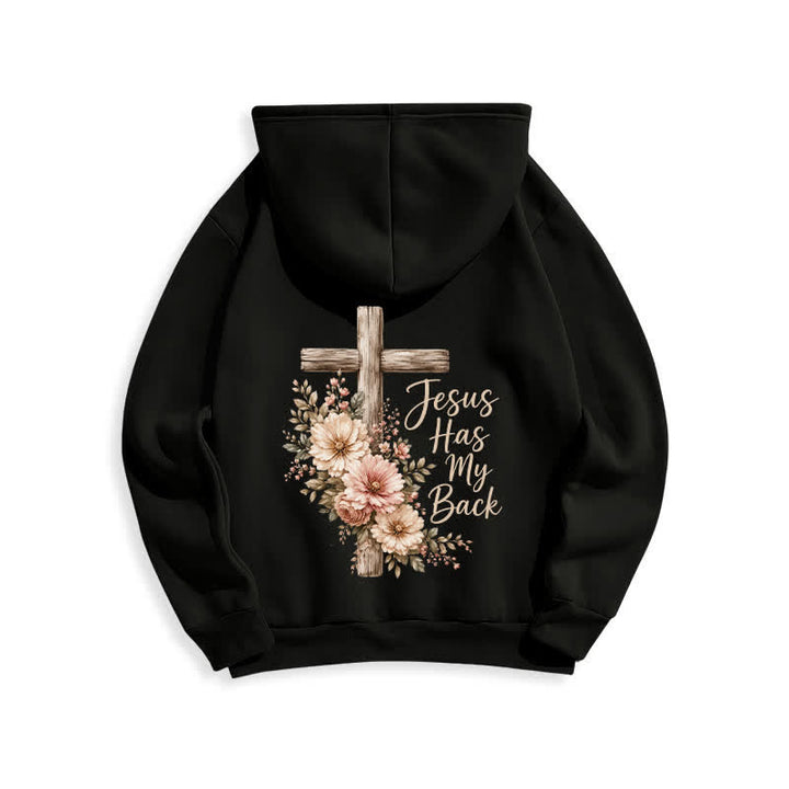 Christianartworkshop Jesus Has My Back Floral Cross White Pullover Hoodie - image 5